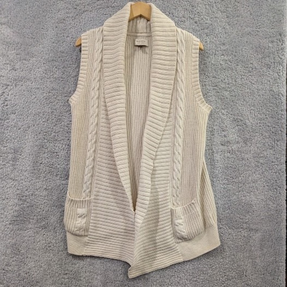 Sonoma Sweater Vest Women's XL Cream Open Front Shawl Collar Cable Knit Cotton